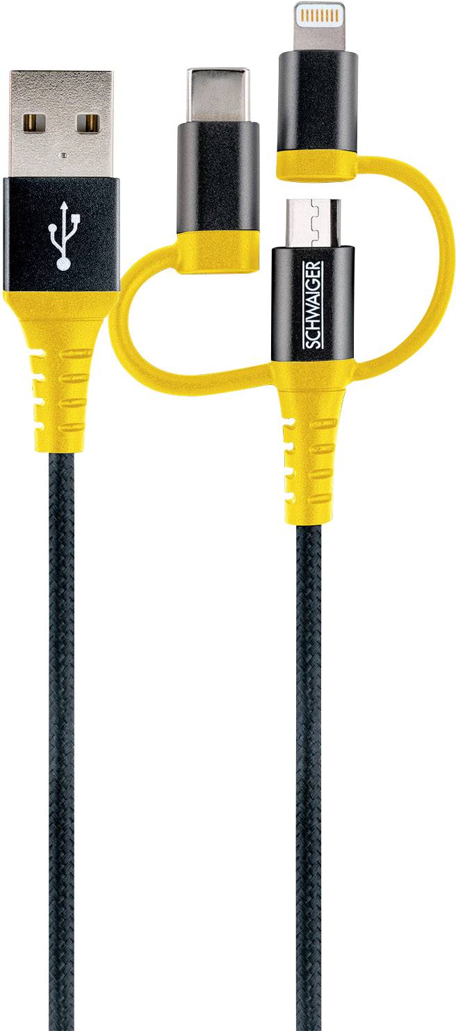 SCHWAIGER Ladekabel USB 2.0 A > 3-in-1 1,2m schwarz/gelb