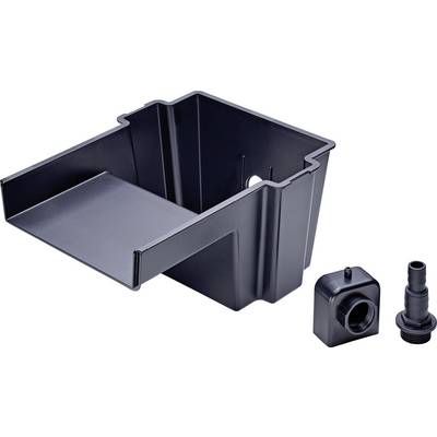 Schwarze Kunststoffkomponente mit drei Teilen: ein großer rechteckiger Behälter, ein Block mit einem Loch und ein Nozzle-Adapter.