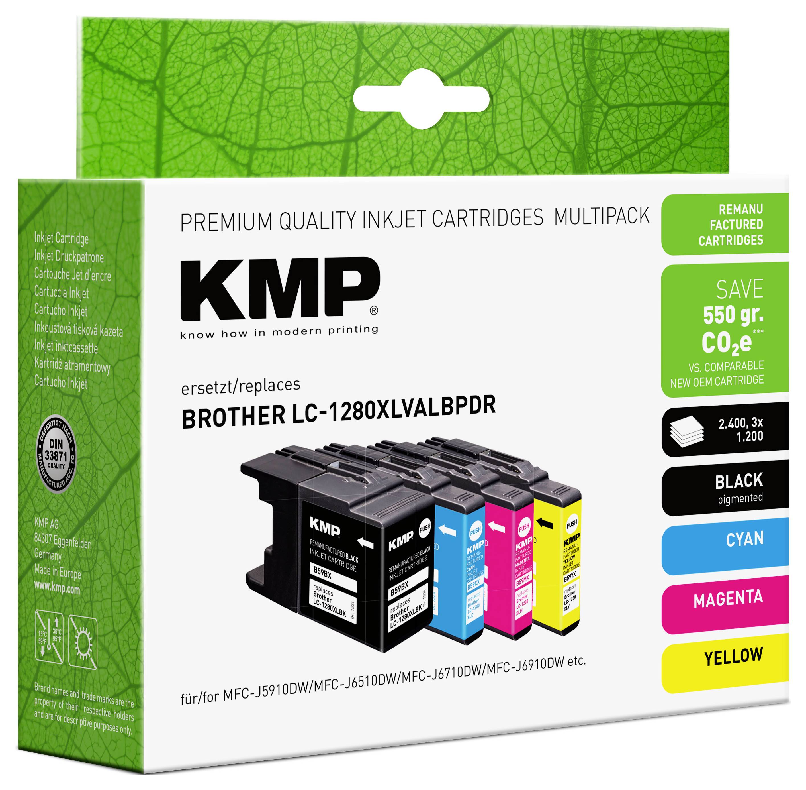 Packung mit KMP-Premium-Qualität-Tintenstrahlpatronen als Ersatz für Brother LC-1280XLVALBPDR, zeigt schwarze, cyan, magenta und gelbe Patronen.