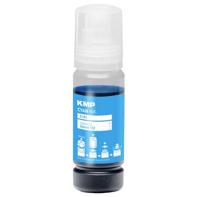 Flasche mit KMP-Tintenstoff in Cyan mit der Bezeichnung „E183", für Epson 102-Drucker, mit blüssiger Flüssigkeit sichtbar im Innern.