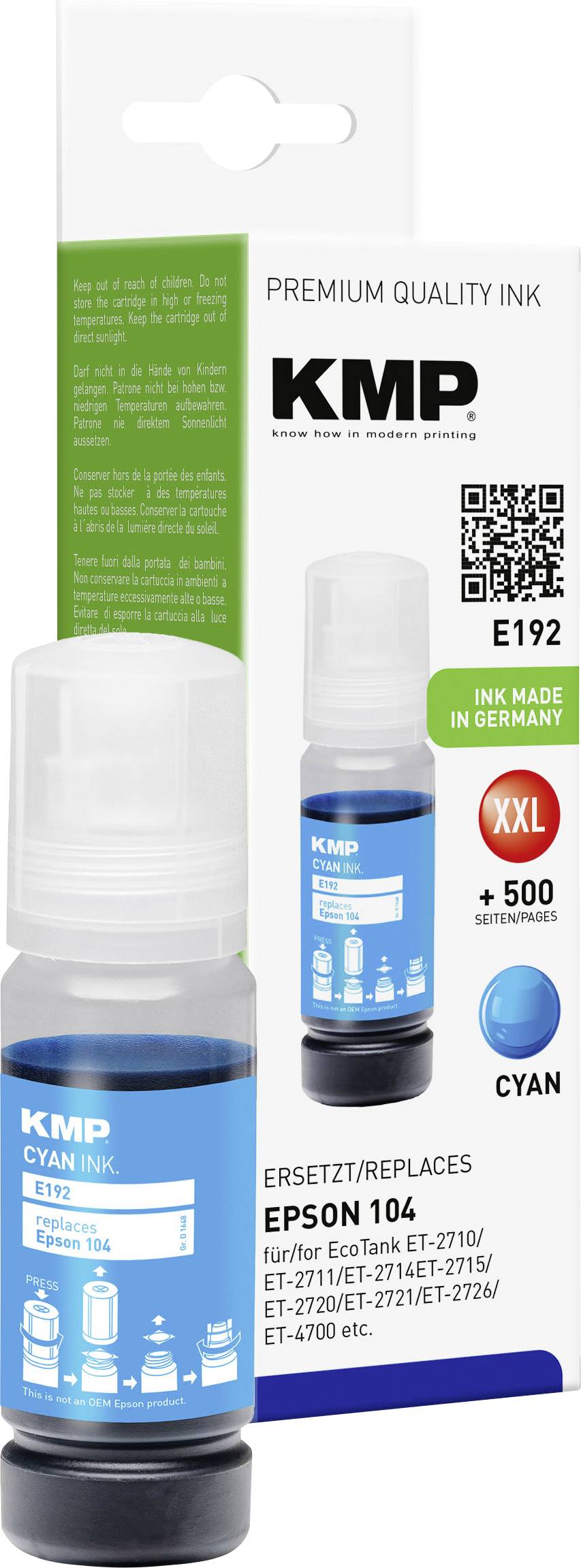 KMP Nachfülltinte ersetzt Epson 104, T00P2 Kompatibel Cyan 70 ml E192 1648,0003