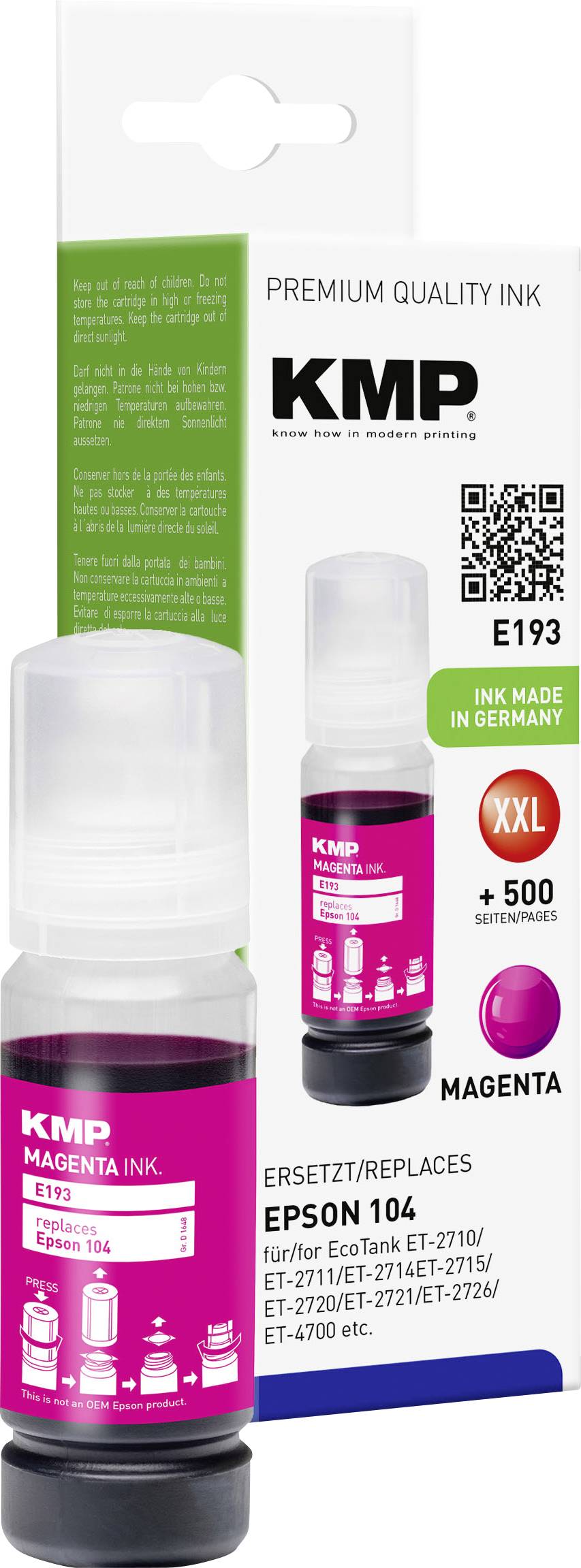 KMP Nachfülltinte ersetzt Epson 104, T00P3 Kompatibel Magenta 70 ml E193 1648,0006