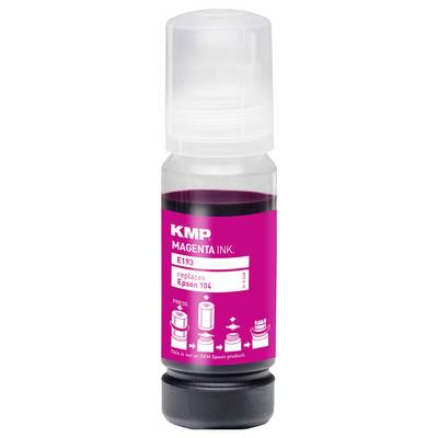 Magenta-Tintenflasche mit der Aufschrift "KMP Magenta Tinte, E193, ersetzt Epson 104." Anweisungen am unteren Rand zeigen Schritte zum Öffnen und Verwenden.