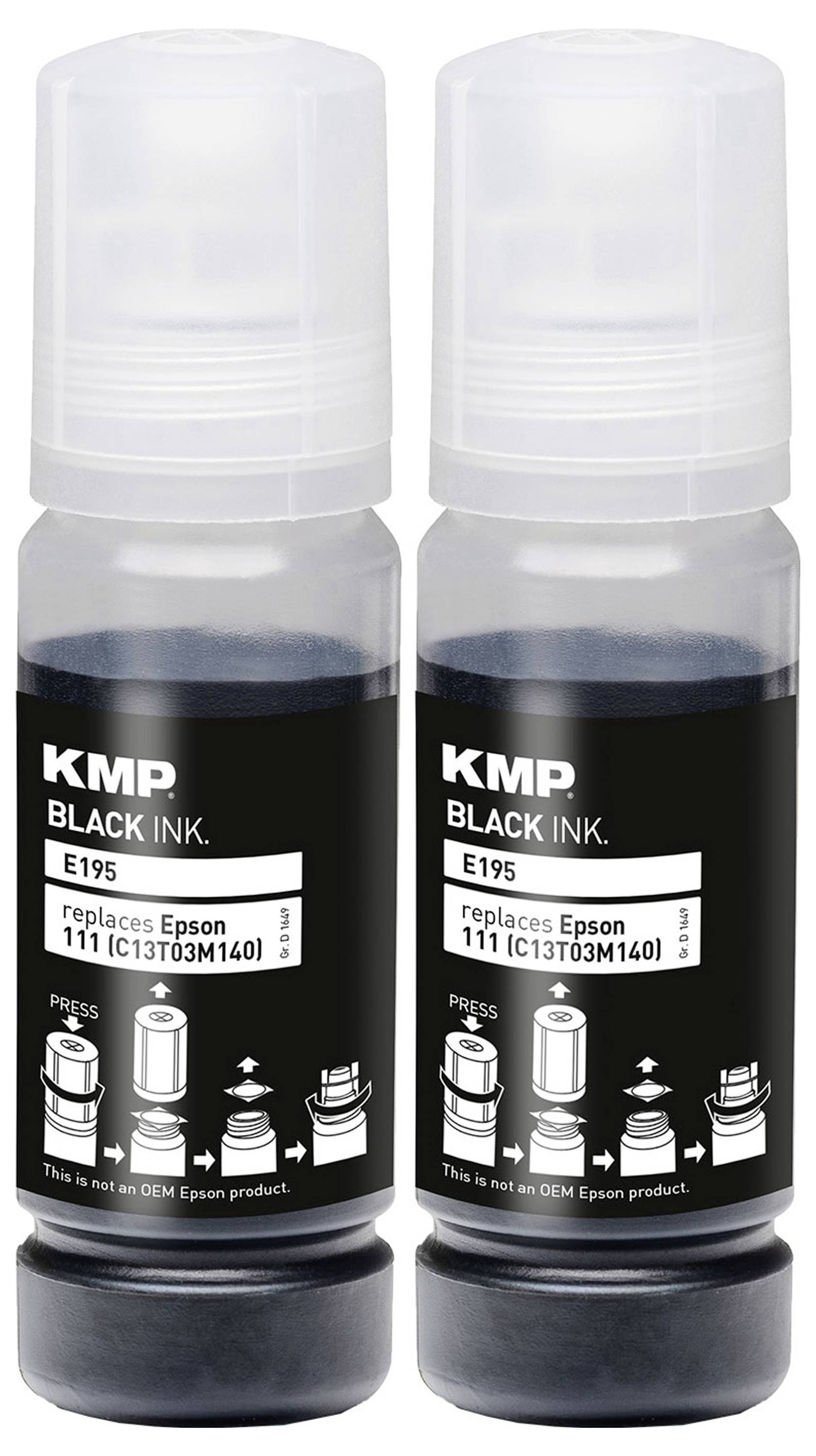 Zwei Flaschen schwarzer KMP E195 Tinte, gekennzeichnet als Ersatz für Epson 111, werden mit Diagrammen des Nachfüllvorgangs präsentiert.