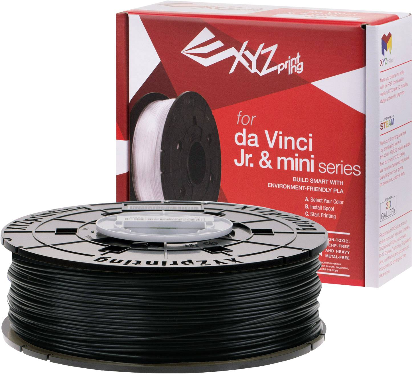 Eine schwarze PLA-Filamentspule, geeignet für XYZprinting da Vinci Jr. und mini Serien, neben der passenden Verpackung.