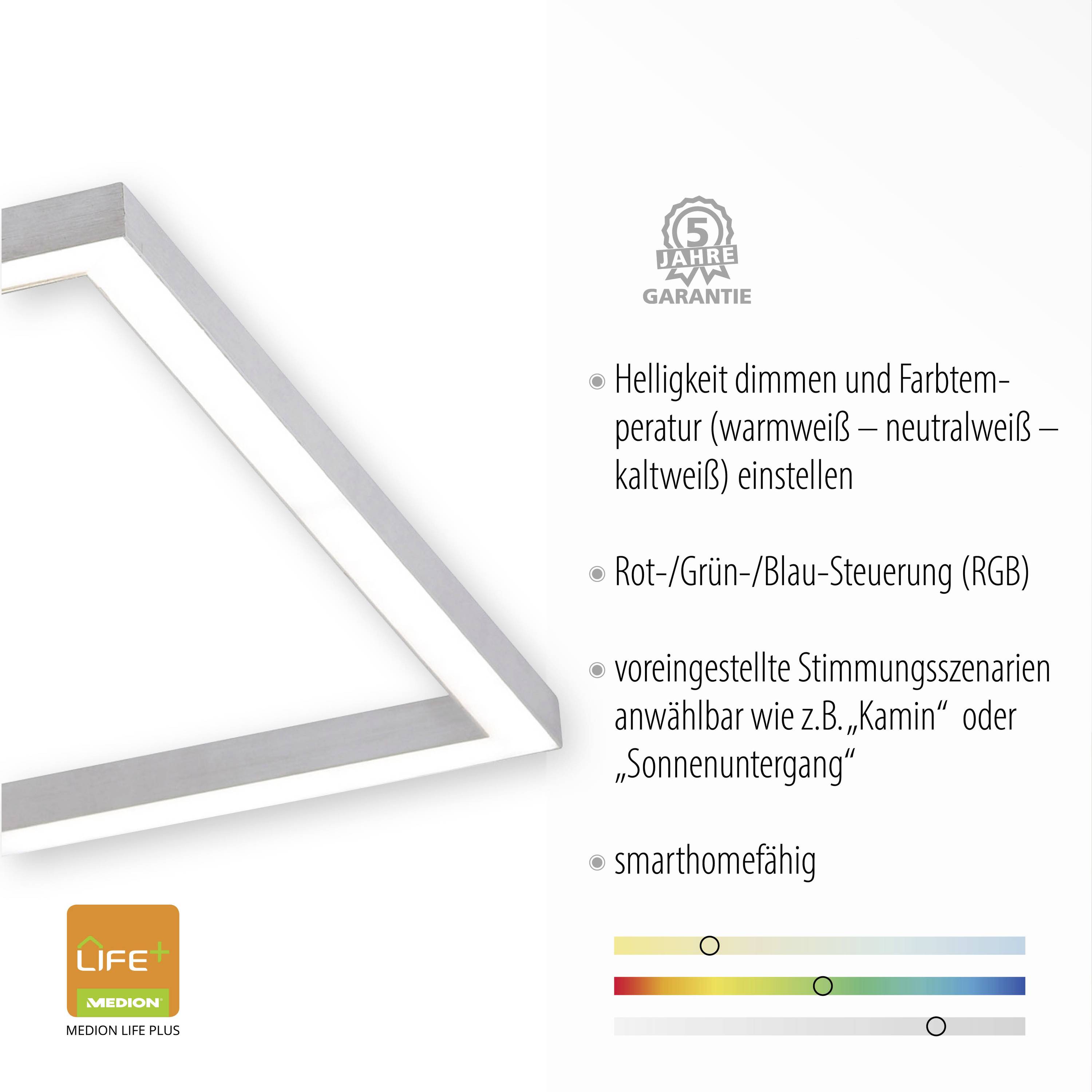 Ein LED-Deckenfluter in Dreiecksform mit 5 Jahren Garantie. Anpassbar in Farbtemperatur (warmweiß bis neutralweiß) und Farbe (RGB). Smarthome-kompatibel.