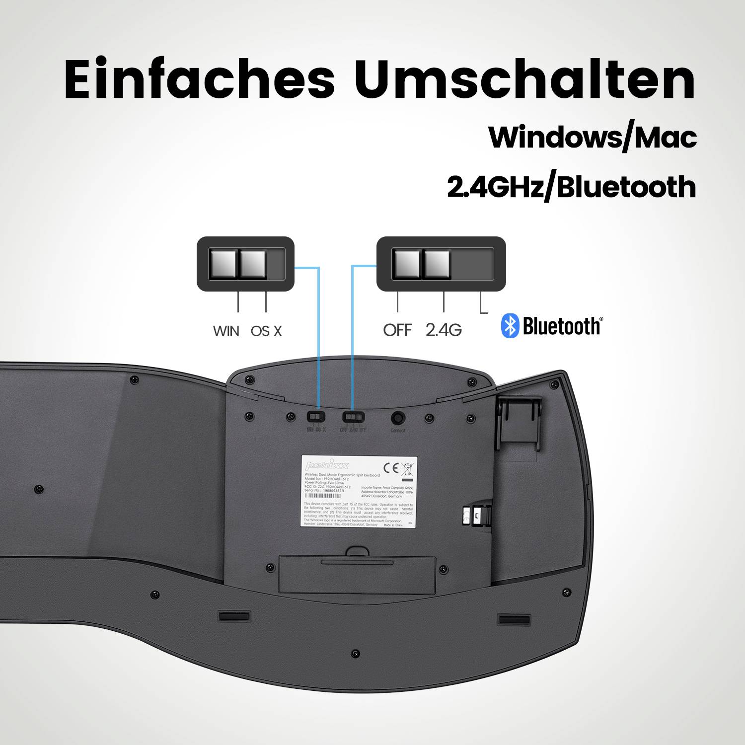 Tastatur zeigt Umschalter für Windows/Mac, 2.4GHz/Bluetooth. Text: 'Einfaches Umschalten'.