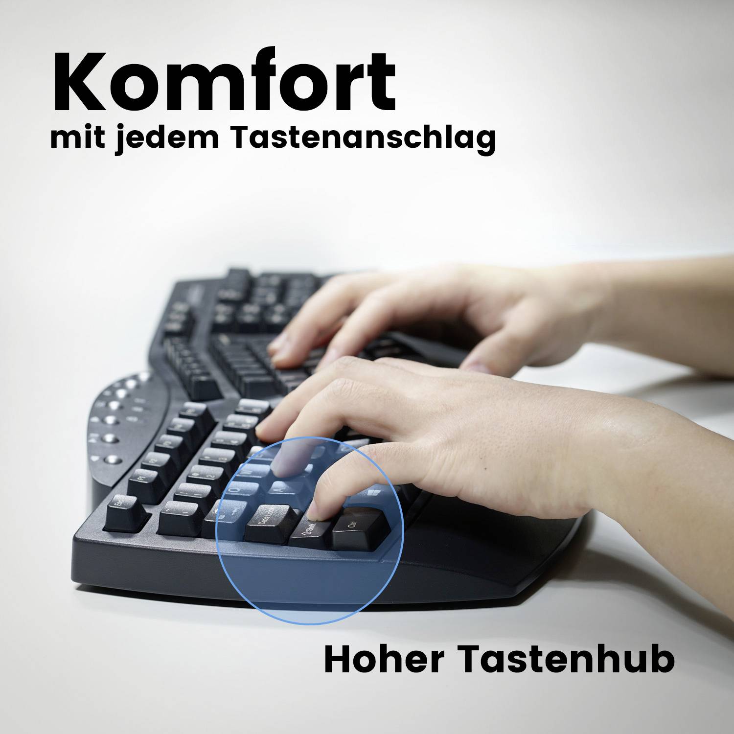 'Hände tippen auf eine ergonomische Tastatur mit hervorgehobenen Tasten.'