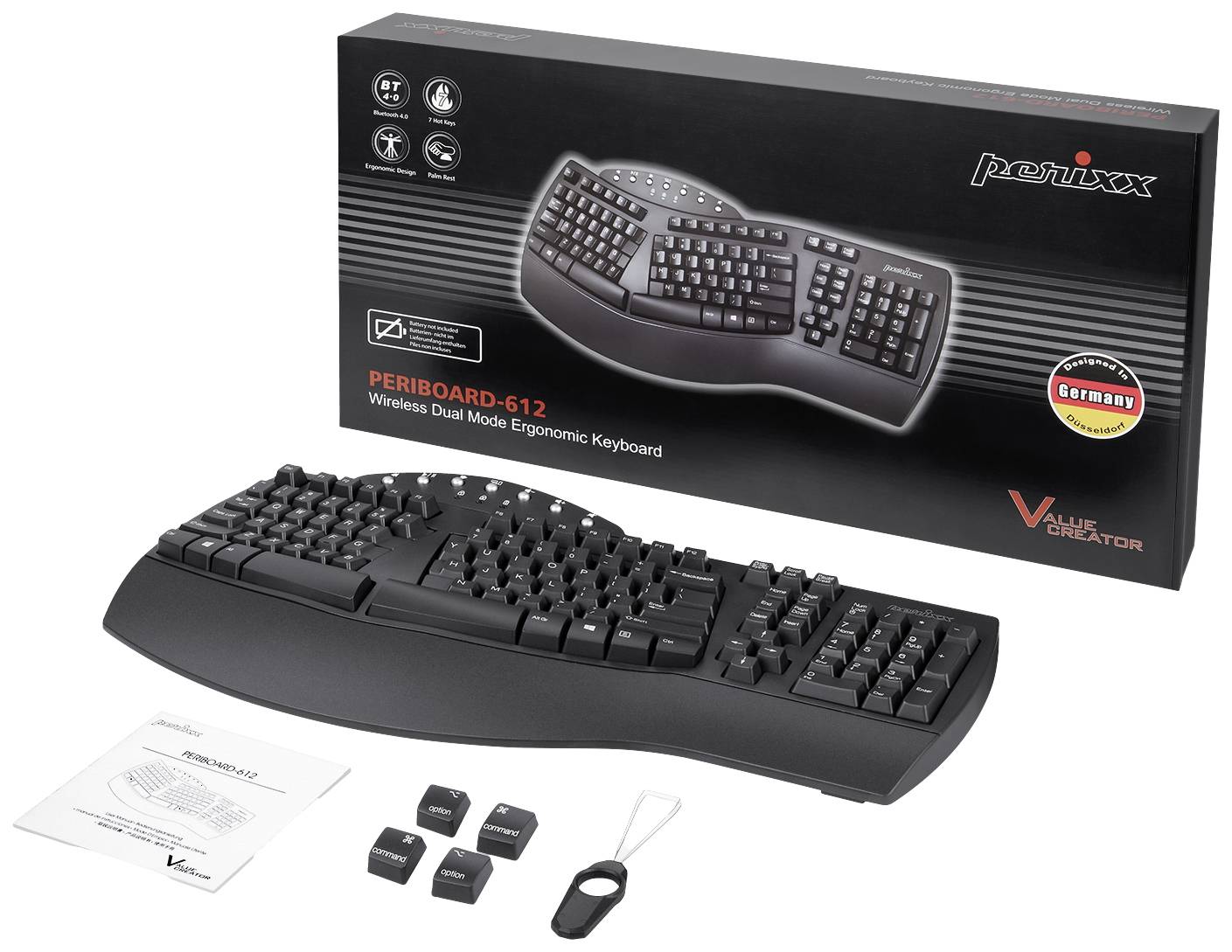 Kabellose ergonomische Tastatur 'Periboard-612' in Schwarz mit Verpackung, Zubehör und Handbuch. Designed in Germany.