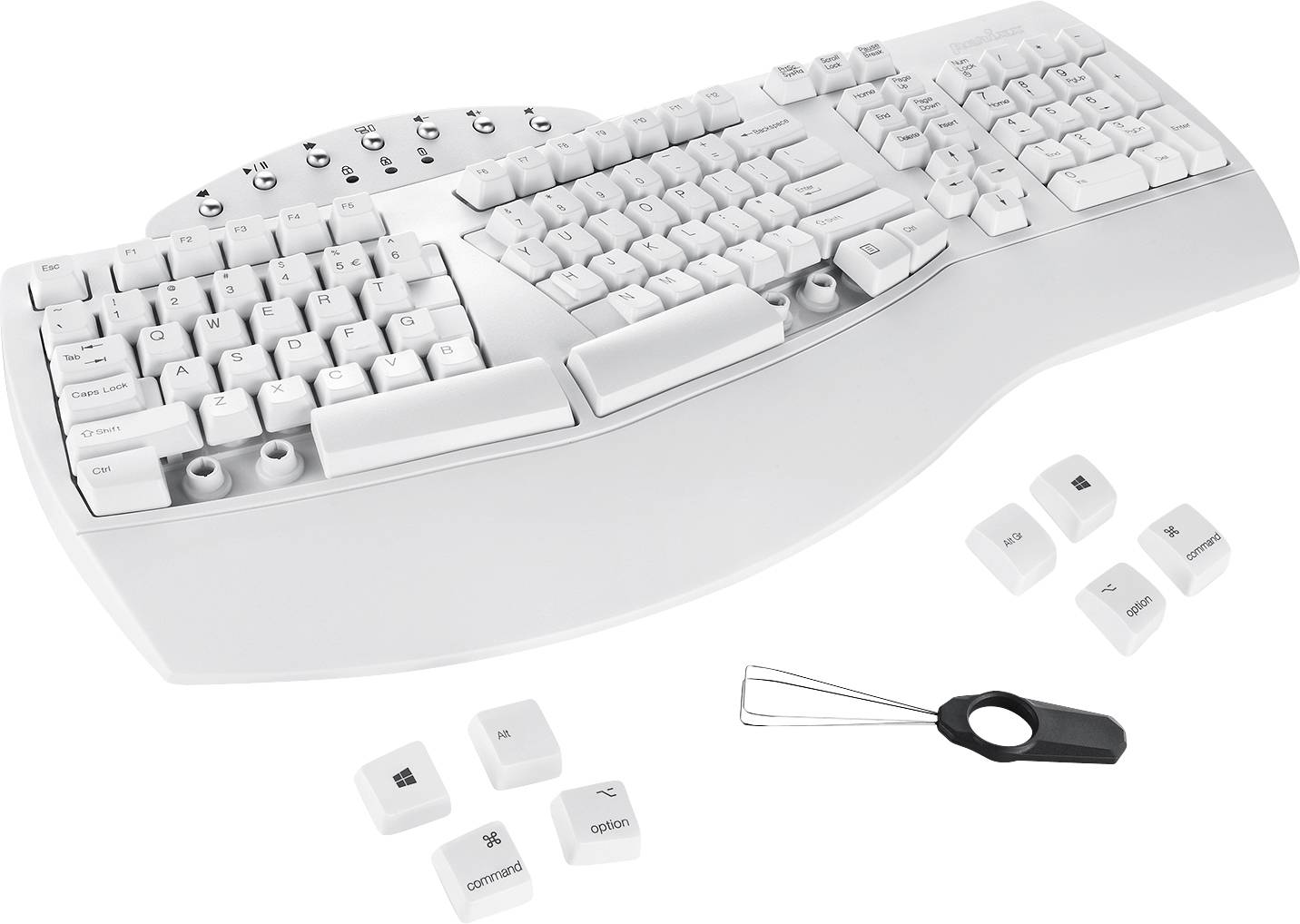 Ergonomische, weiße Tastatur mit geteiltem Design. Einige Tasten sind herausgenommen und liegen daneben. Ein Werkzeug zum Entfernen der Tasten ist zu sehen.