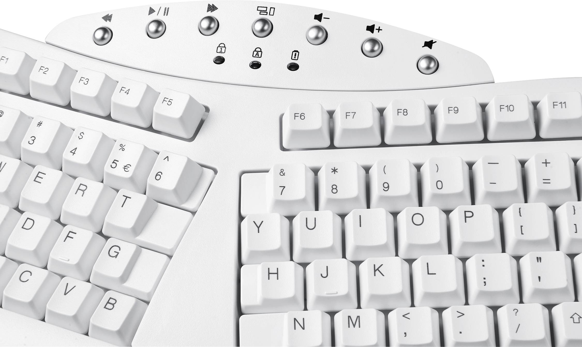 Weiße ergonomische Tastatur mit geteiltem Design, Funktionstastenreihe und Medientasten oben.