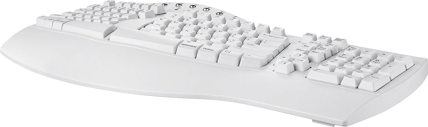 Weiße ergonomische Tastatur mit geschwungenem Design für bequemes Tippen.