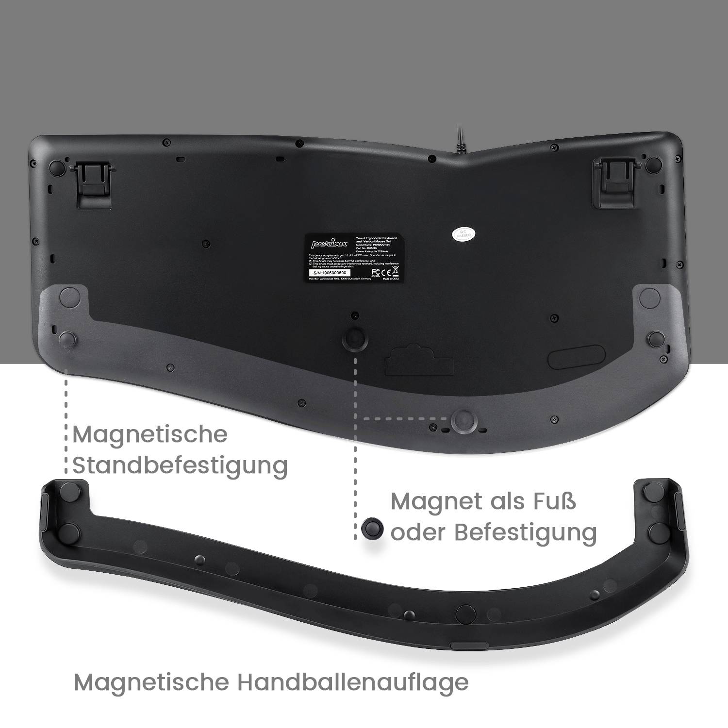 Rückseite einer ergonomischen Tastatur mit abnehmbarer magnetischer Handballenauflage und optionalen, magnetischen Standfüßen.