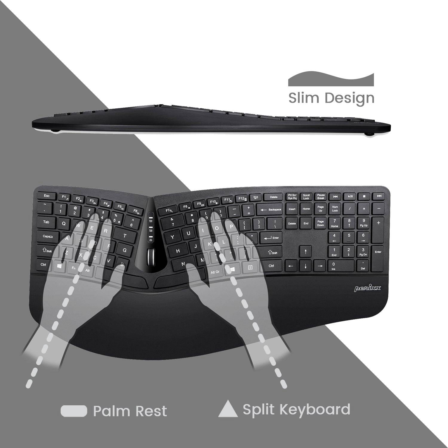 Eine ergonomische, geteilte Tastatur mit Handballenauflage. Das Design hebt Schlankheit hervor. Hände zeigen optimale Positionierung.