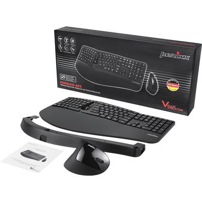 'Perixx Periduо-605' ergonomisches Tastatur- und Mausset in Schwarz, abgebildet mit Verpackung und Handballenauflage, geeignet für komfortables Arbeiten.