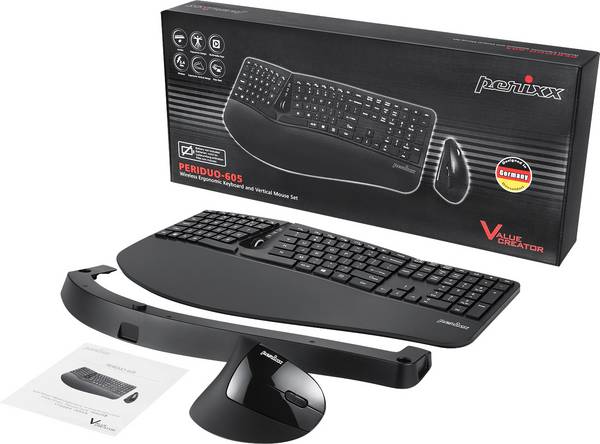 Perixx PERIDUO-605BDE Funk Tastatur, Maus-Set Deutsch, QWERTZ Schwarz Ergonomisch, Multimediatasten, Handballenauflage