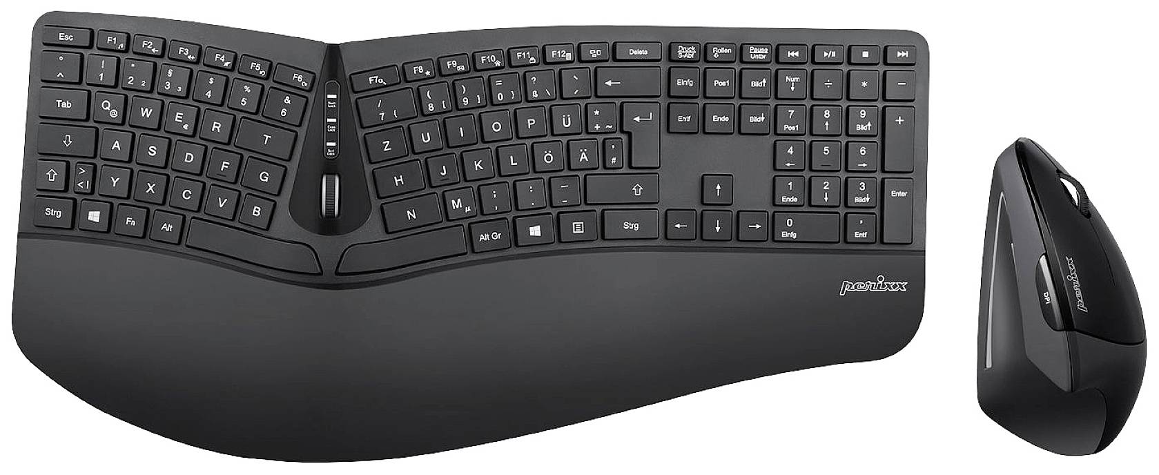 Ergonomische Tastatur und Maus in Schwarz, getrenntes Design zum Komfort, mit geschwungenen Tasten und Handballenauflage.