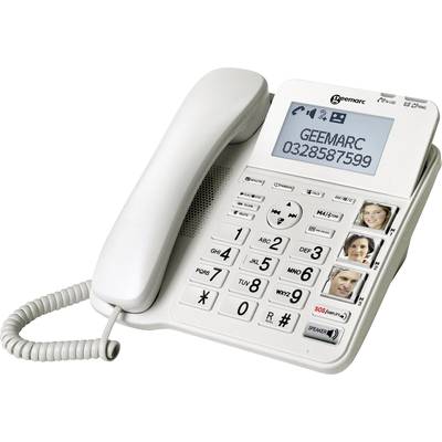 Ein weißes Telefon mit großen Tasten, Display zeigt 'GEEMARC 0328587599'. Vier Fototasten für Schnellwahl sichtbar.