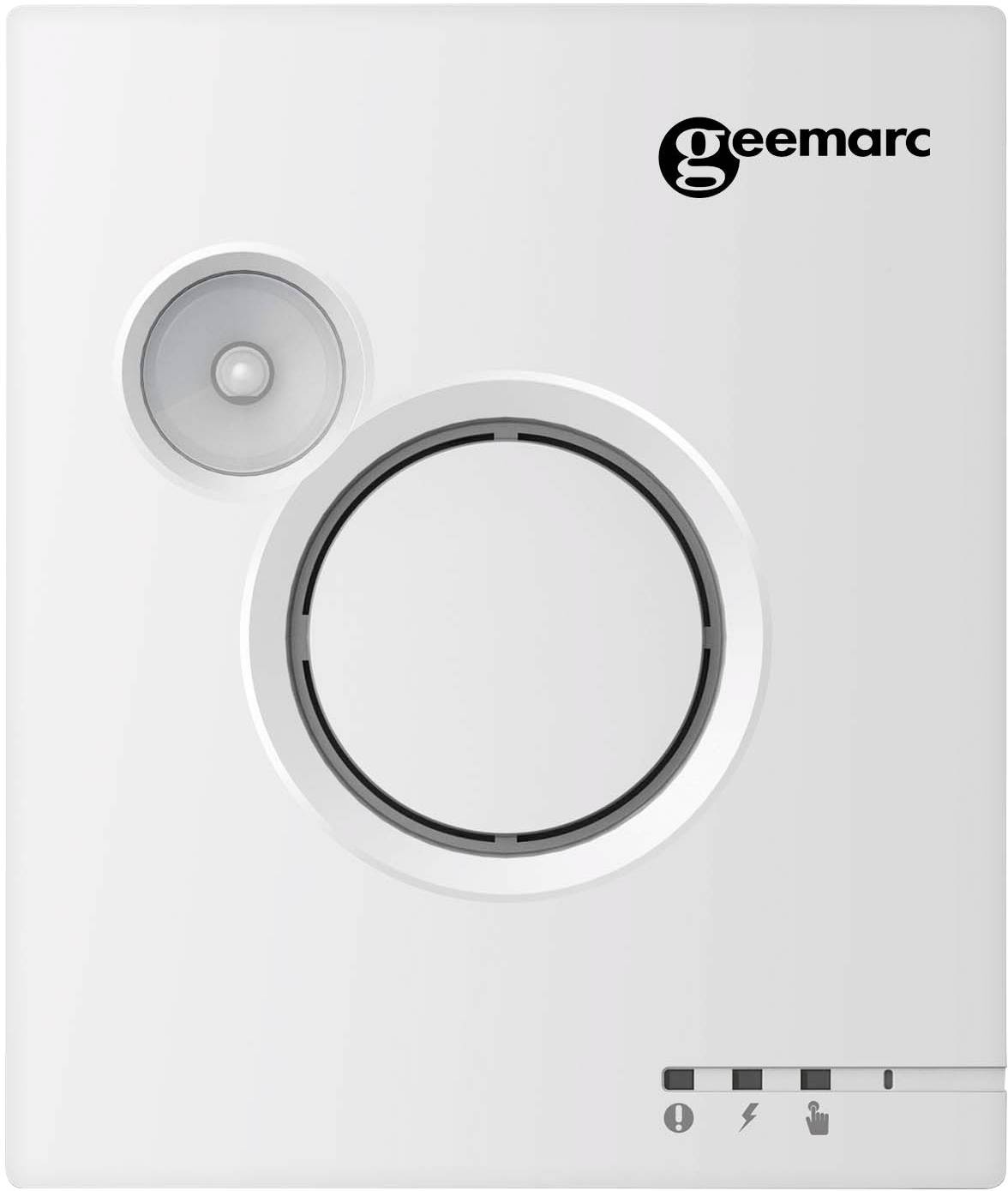 Ein weißer Notrufknopf mit dem Logo 'geemarc', erkennbar an einem großen, kreisförmigen Druckbereich und einem kleineren Lautsprecher oben links.