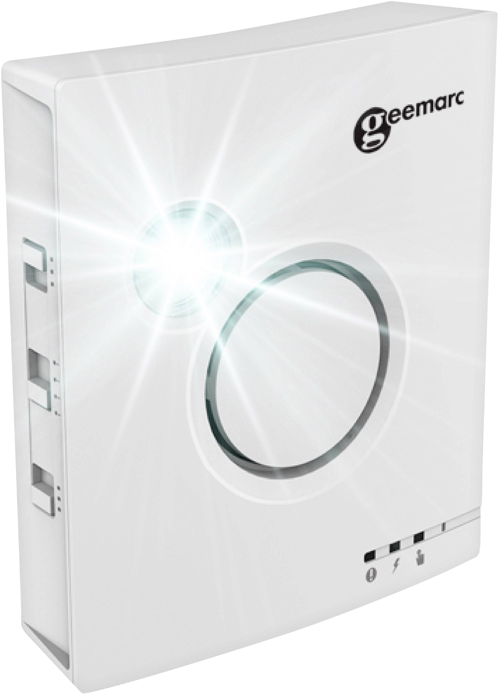 Ein weißes elektronisches Gerät mit leuchtendem Licht auf der Vorderseite und dem Logo 'Geemarc'. Es hat seitliche Schalter.