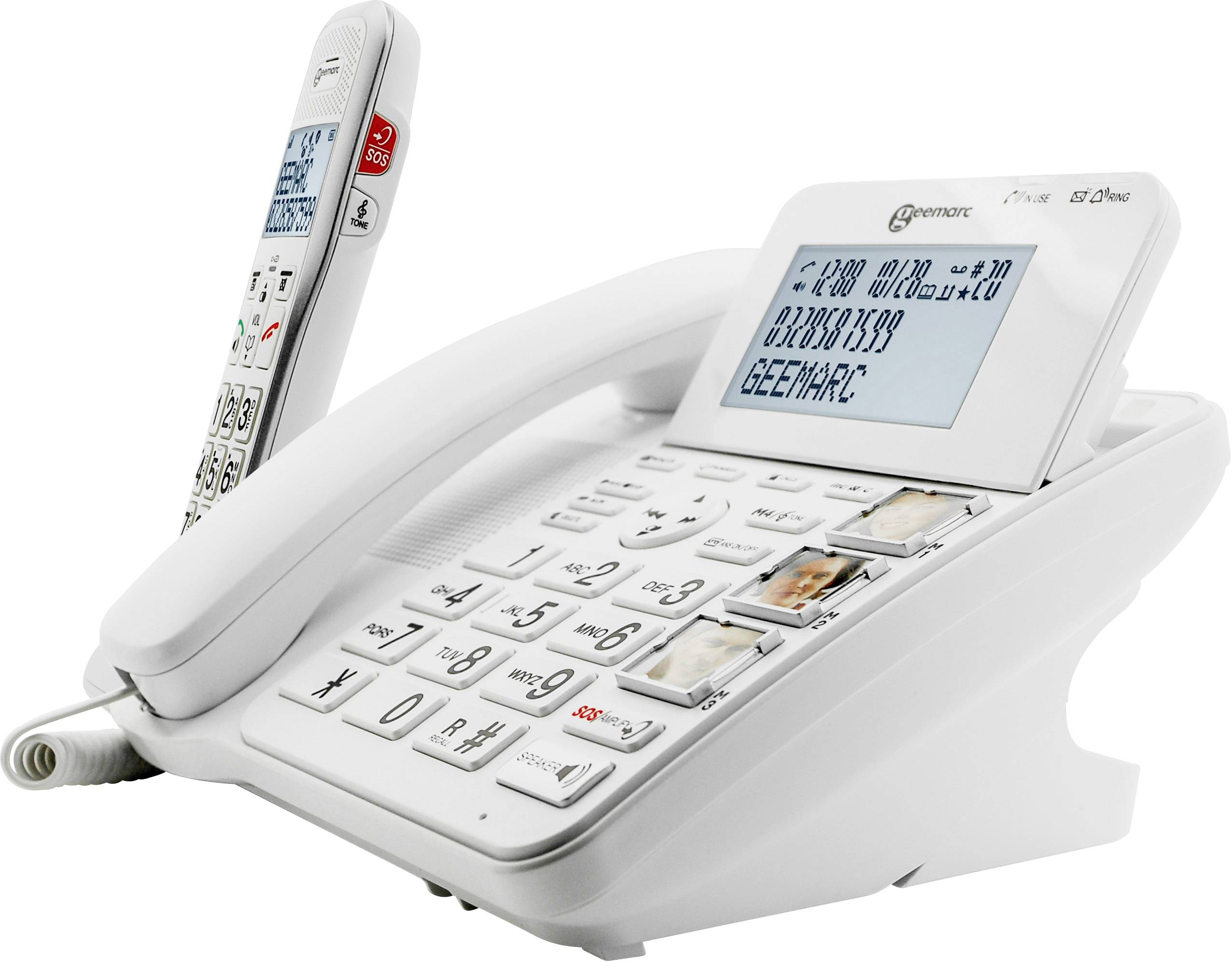 Ein schnurloses Telefon mit Basisstation und großem Tastenfeld. Das Display zeigt nummerische Informationen und das Wort 'GEEMARC'.