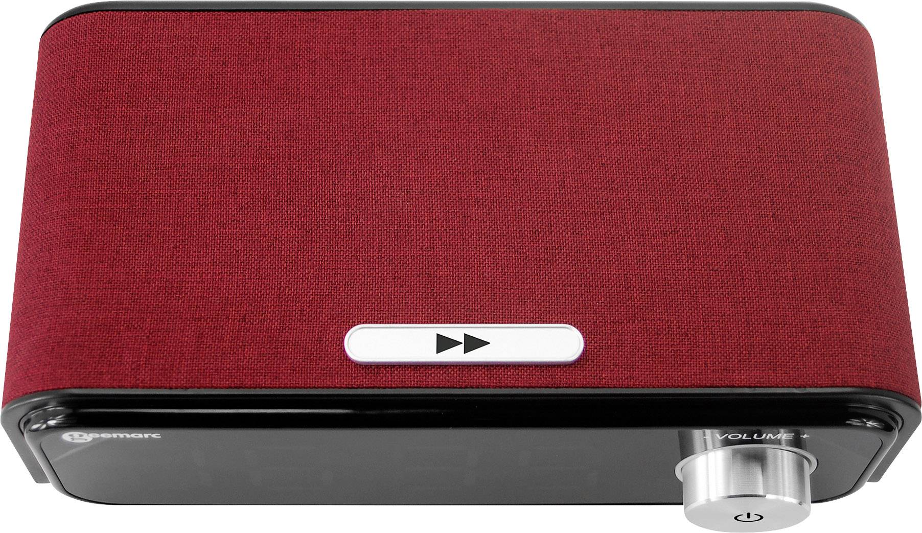 Roter Bluetooth-Lautsprecher mit Play-Taste und Lautstärkeregler, kompakte rechteckige Form, geeignet für kabellose Musikübertragung.