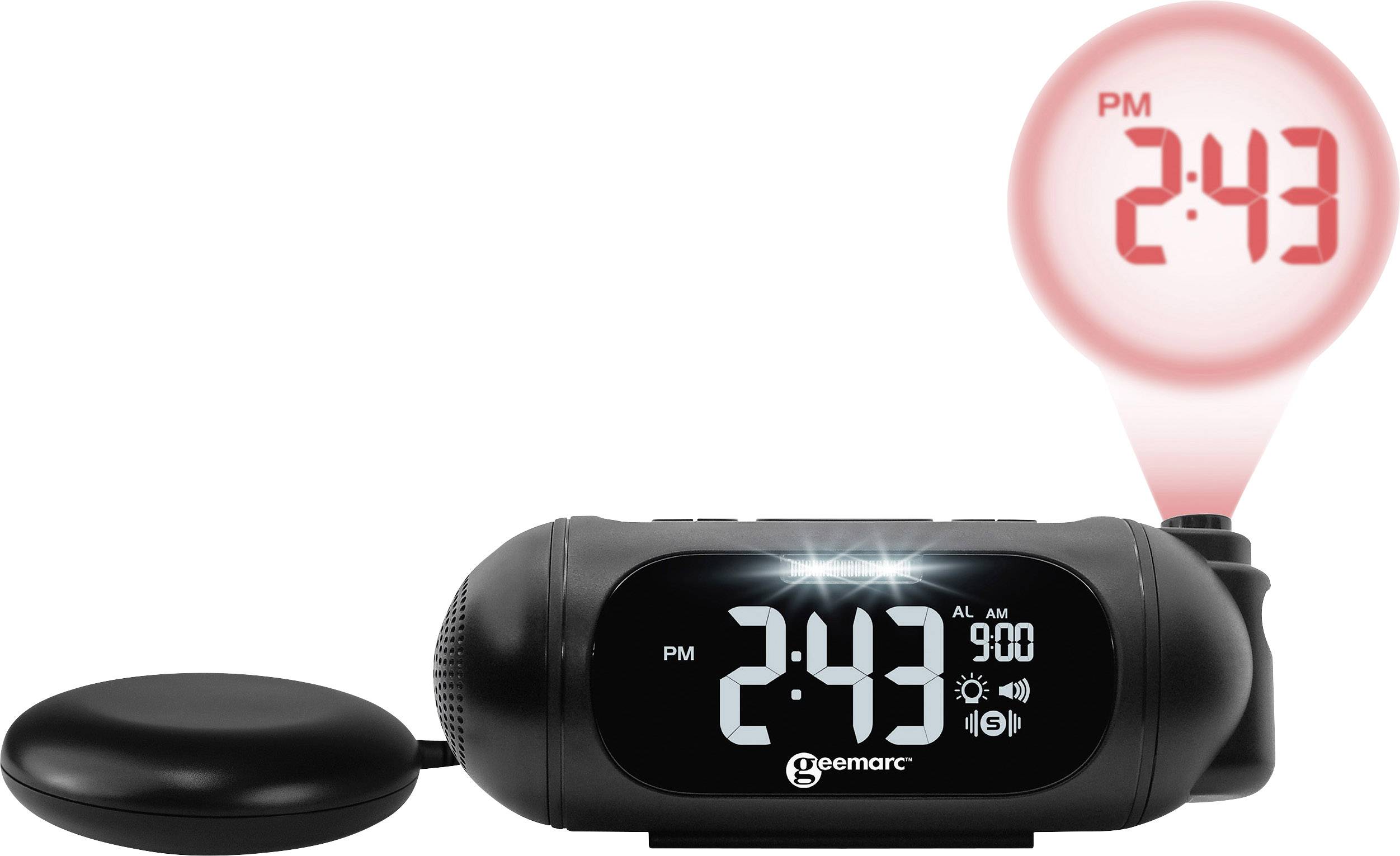 Digitaler Wecker mit leuchtender LED-Anzeige zeigt '2:43 PM'. Zusätzlicher Projektor zeigt Zeit an Wand oder Decke an.