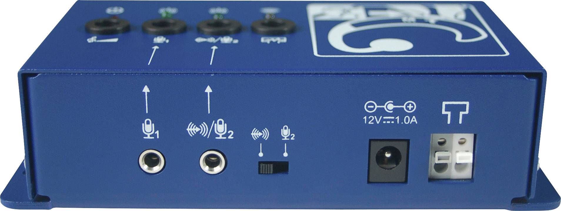 Blaues Audiogerät mit Anschlüssen für Mikrofone, Stromversorgung und Hörhilfen. Symbole und Beschriftungen kennzeichnen die Funktionen.