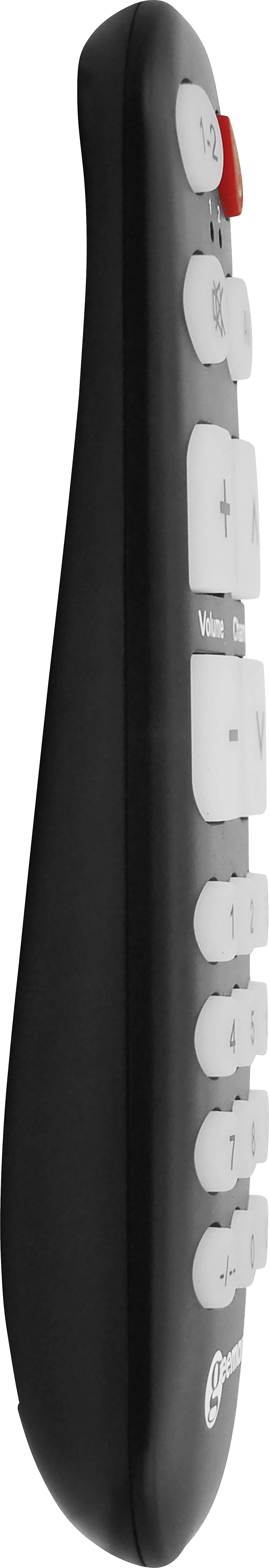 Schwarze Fernbedienung mit großen weißen Tasten und rotem Ein-/Ausschalter oben. Designed für leichte Bedienbarkeit.