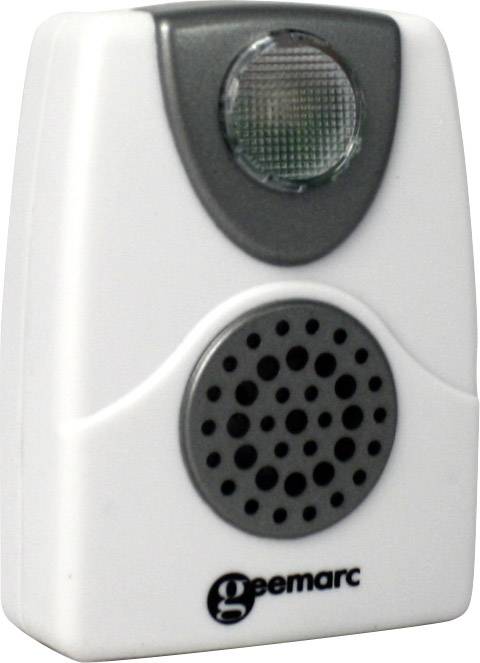 Weißer und grauer tragbarer Türglockenempfänger mit Lautsprecher und Kontrollleuchte, geeignet für den Gebrauch zu Hause.