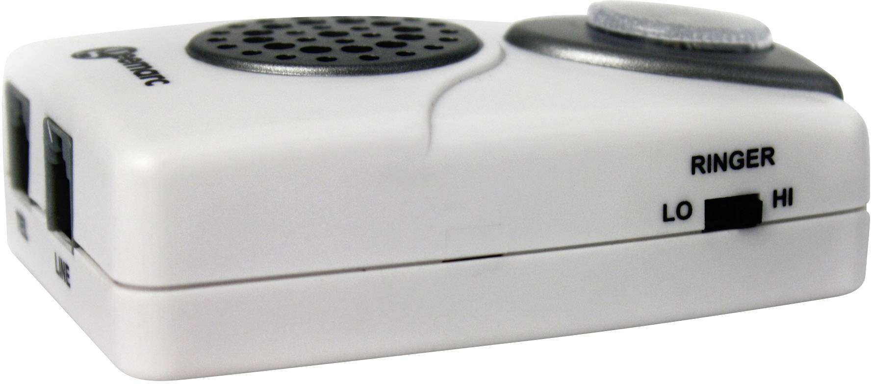 Ein weißer, rechteckiger elektronischer Türglockenempfänger mit Lautsprecher und Schalter zur Regulierung der Klingellautstärke ('RINGER' mit Optionen 'LO' und 'HI').