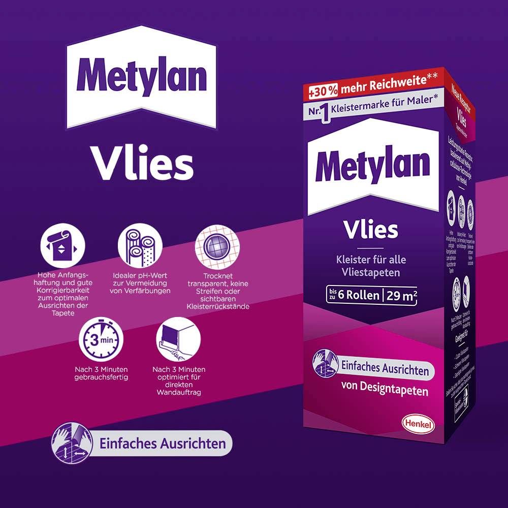 Metylan Vlies Kleisterpackung, geeignet für alle Vliestapeten. Features: Keine Weichzeit, stark haftend, ideal für schnelle Projekte.