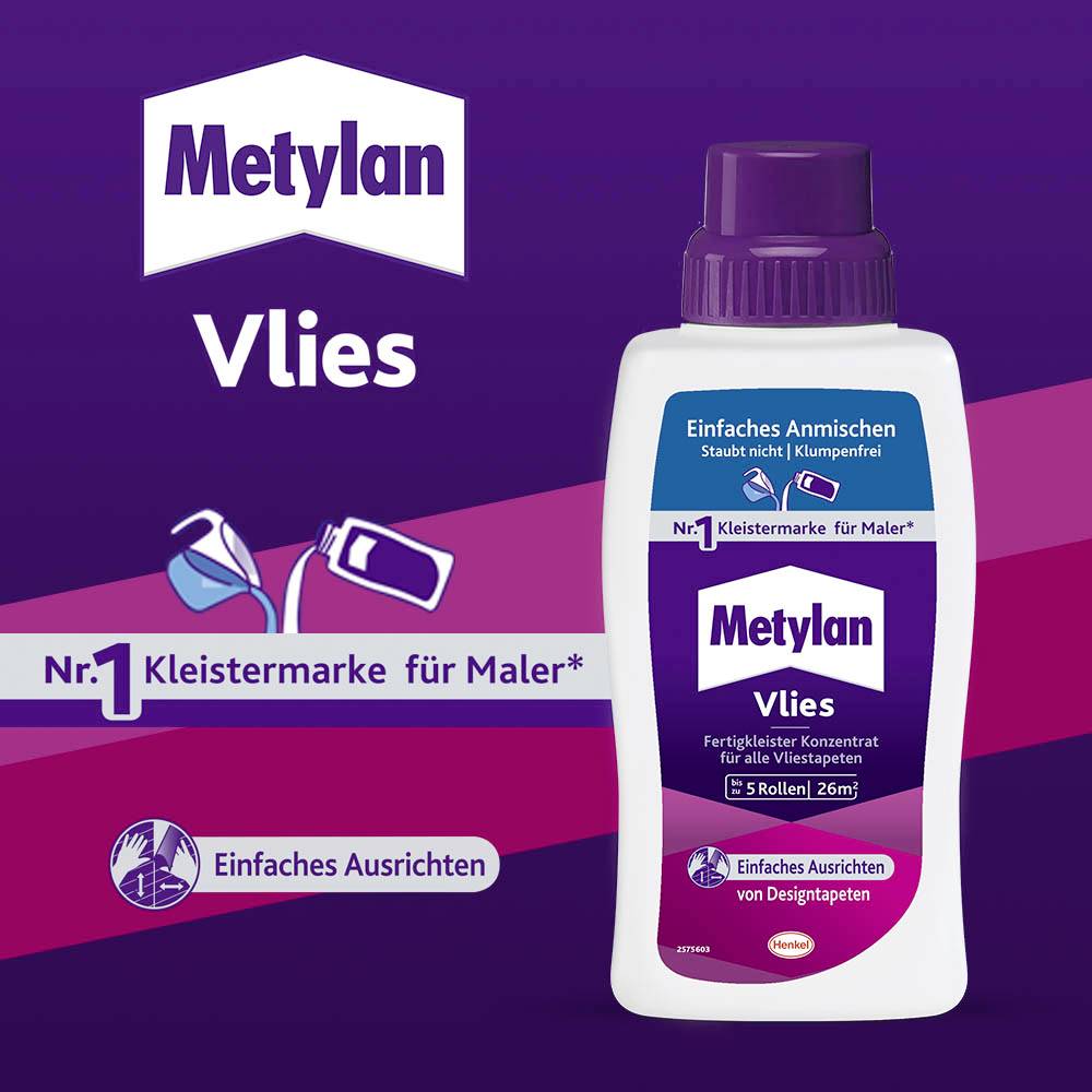 Metylan Vlies Kleisterflasche, beworben als 'Nr. 1 Kleistermarke für Maler'. Eignet sich zum einfachen Anbringen von Vliestapeten.
