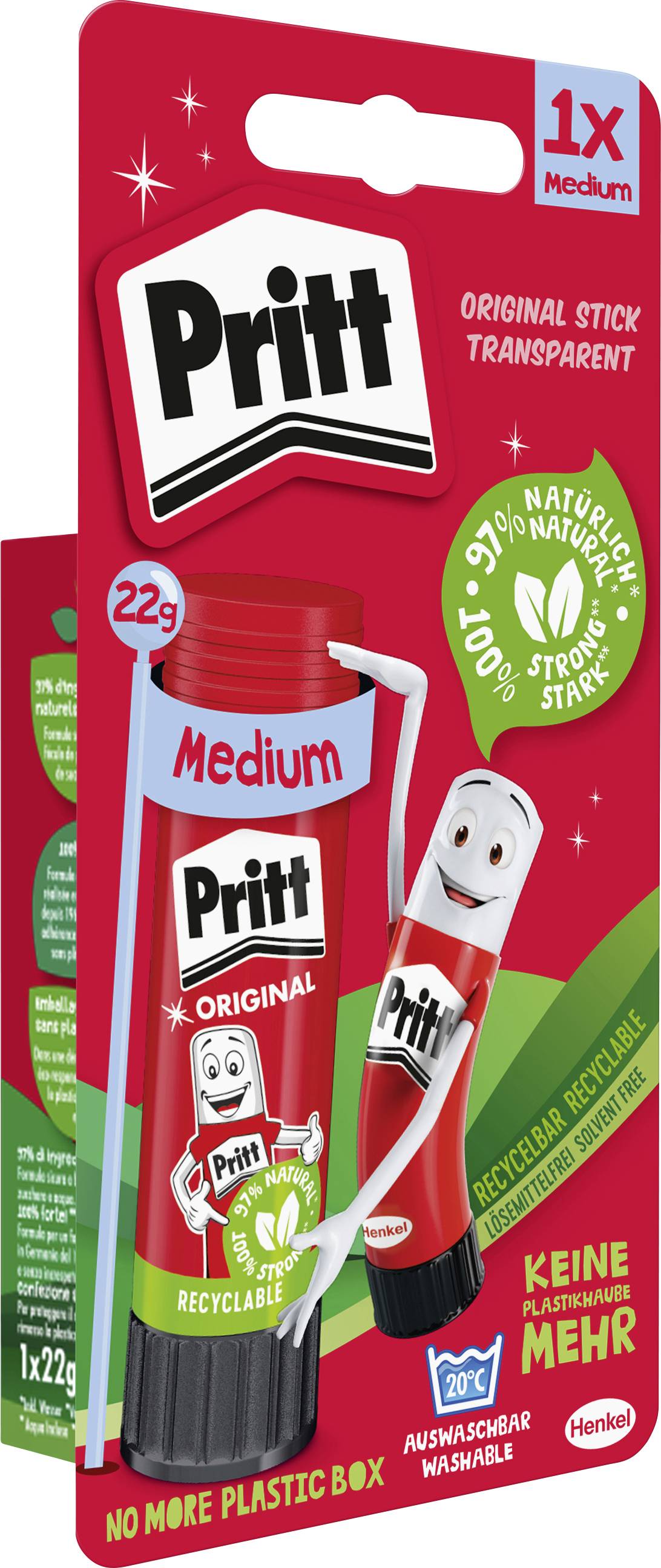 Rote Packung des Pritt Klebestifts 'Medium' mit weißer Kappe. Bewirbt '97% natürlich', 'stark', 'recycelbar'. Cartoon-Maskottchen auf der Vorderseite.