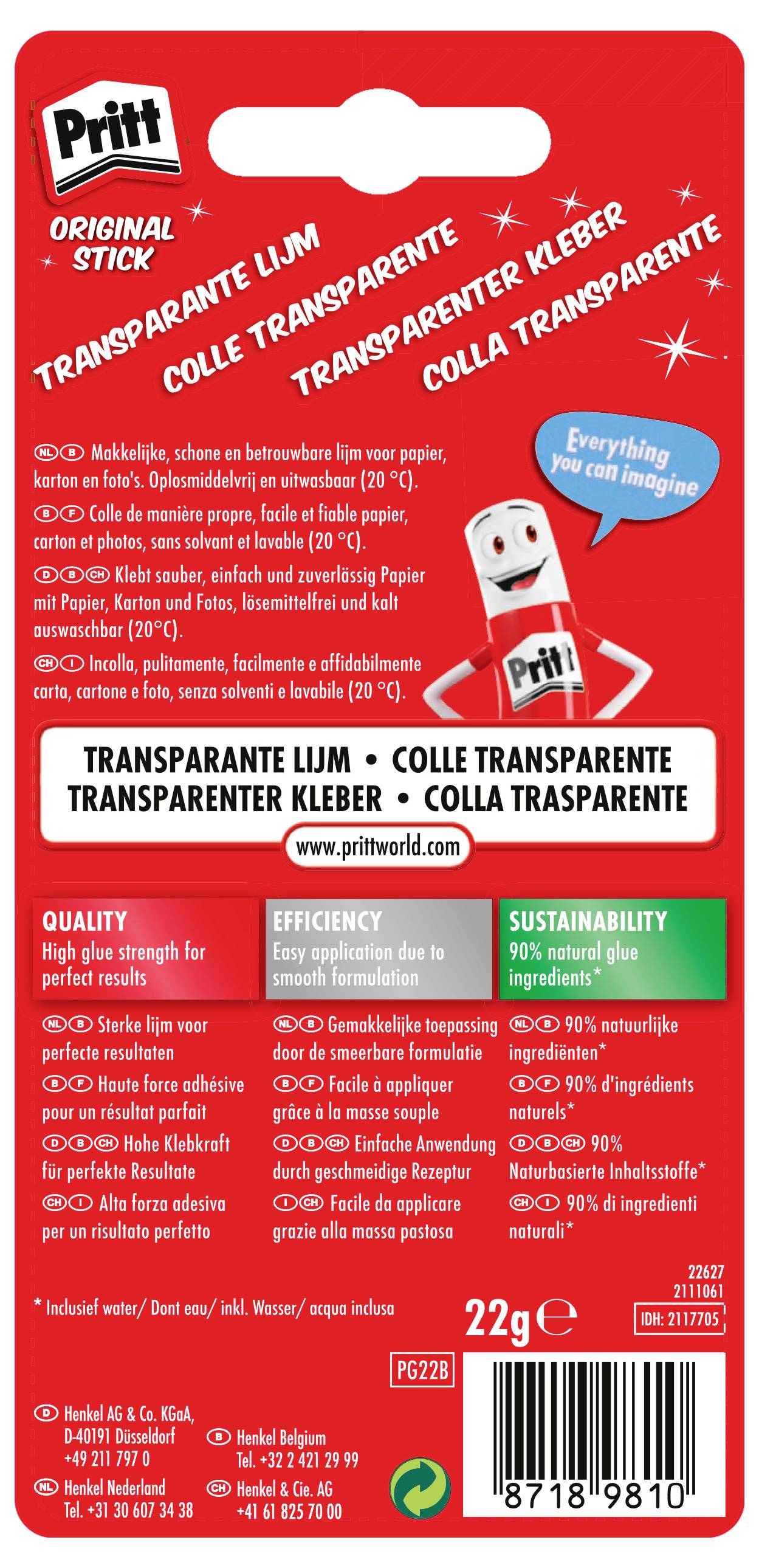 Rote Verpackung eines Pritt-Klebestifts mit der Aufschrift "Medium". Hervorhebungen umfassen "97% natürliche Inhaltsstoffe", "100% starker Klebestift" und "recycelbar".