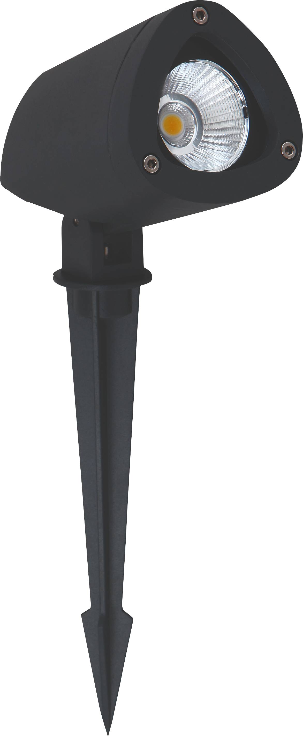 LED-Gartenstrahler mit Spike zur Bodenbefestigung, schwarz, beleuchteter runder Reflektor, geeignet für Außenbeleuchtung.