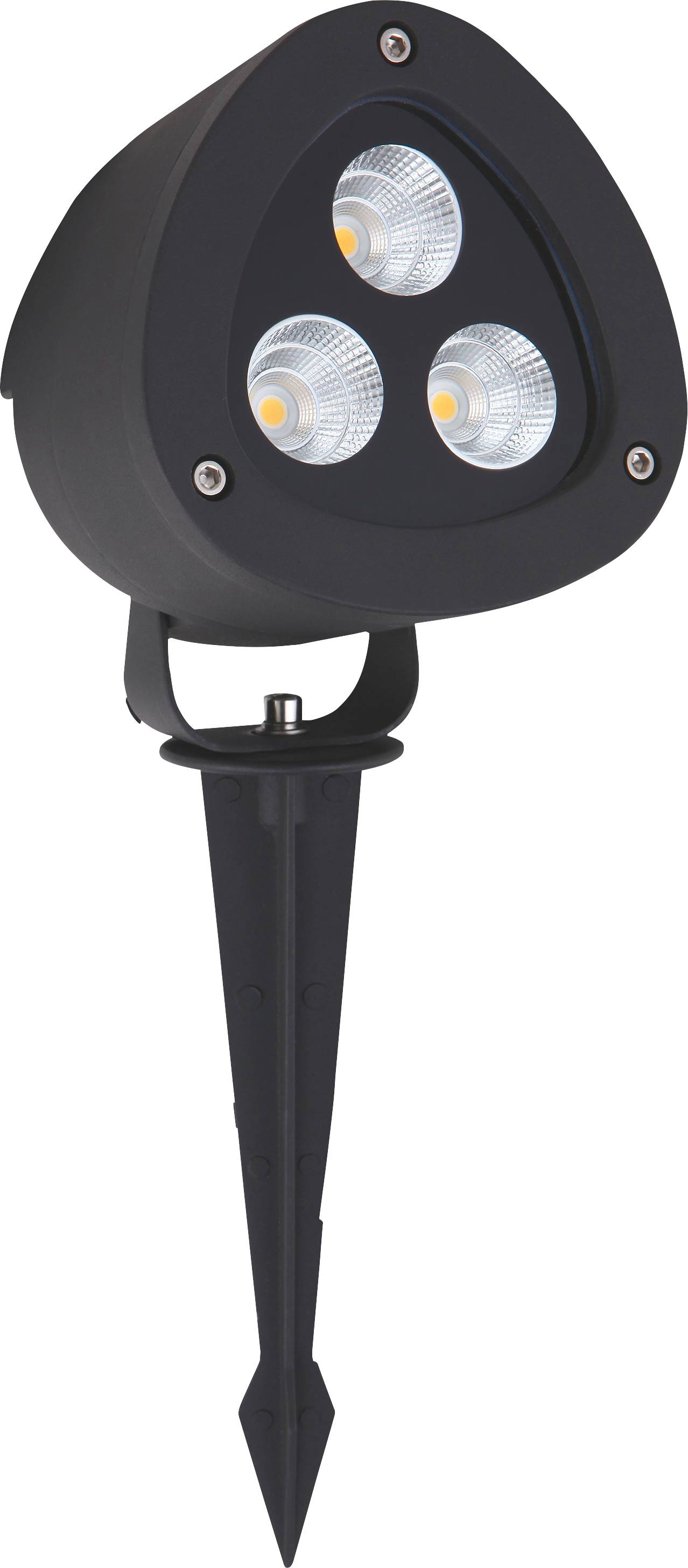 Schwarzer Außenstrahler mit drei LED-Leuchtmitteln, spitz zulaufender Erdspieß zur Befestigung im Boden. Ideal zur Gartenbeleuchtung.