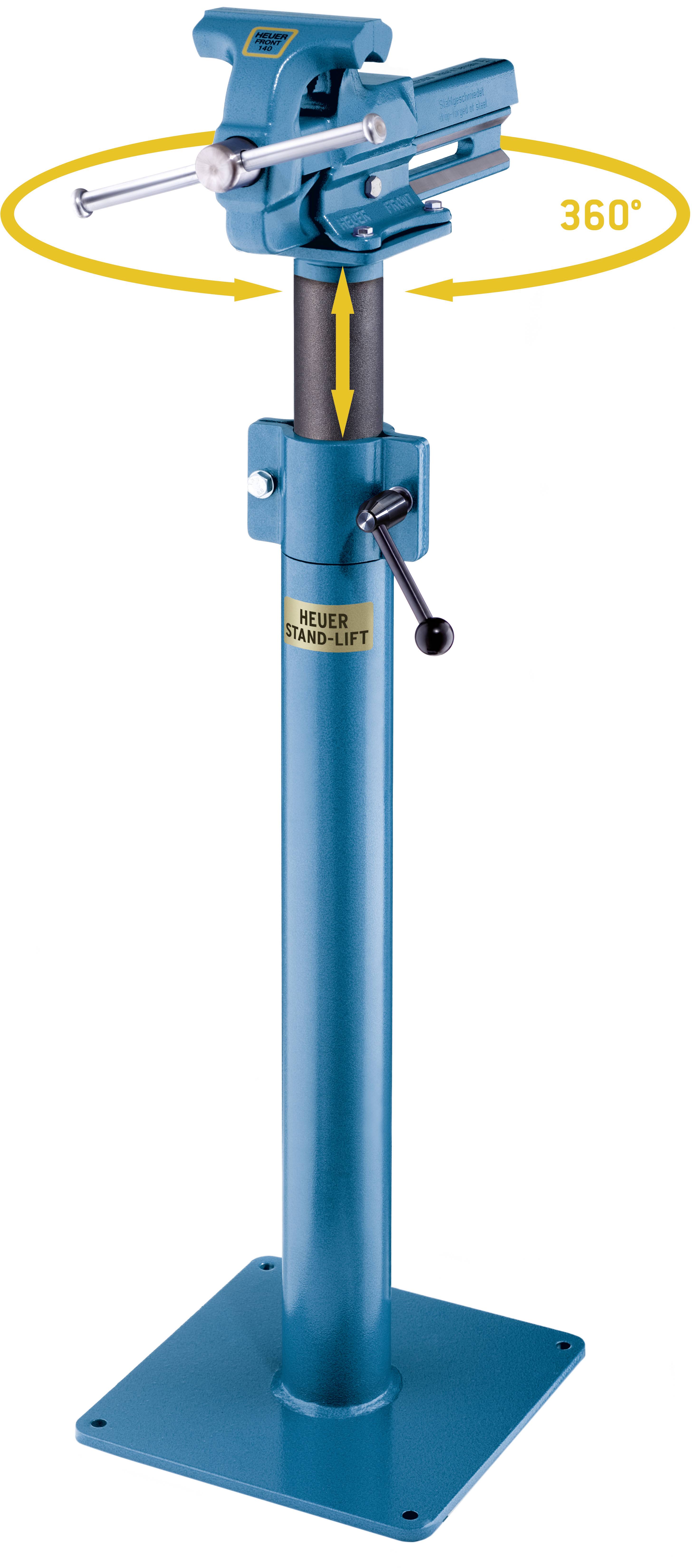 Ein blauer Dreh-Schraubstock auf einem Standfuß, drehbar um 360 Grad, für vielseitige Einsatzmöglichkeiten in Werkstätten.