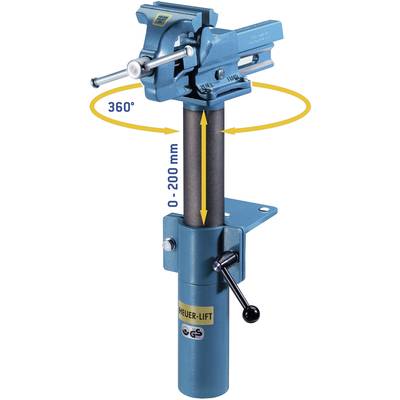 Schraubstock auf einem vertikalen Heber, drehbar um 360 Grad, höhenverstellbar von 0-200 mm, blauer Stahl, Montageplatte unten.
