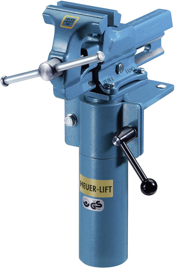 Schraubstock angebracht auf einem hydraulischen Heber, stahlblau lackiert, mit Hebel zur Höhenverstellung.