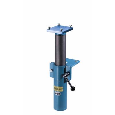 Höhenverstellbare blaue Schraubstockstütze mit Hebel, Markenname 'HEUER-LIFT' sichtbar.