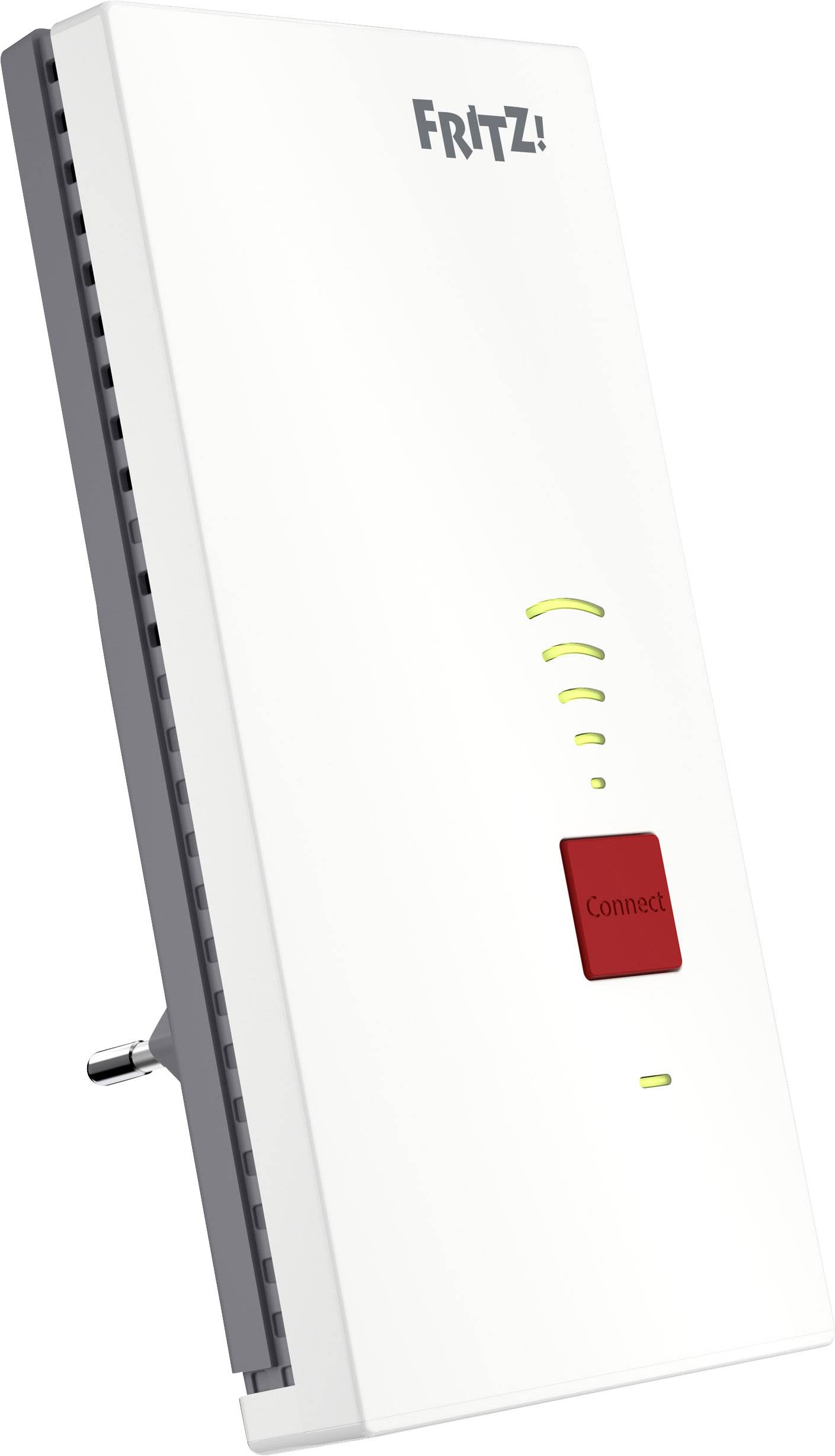 Ein weißer WLAN-Repeater von FRITZ! mit rotem 'Connect'-Knopf und LED-Anzeigen für Signalstärke.