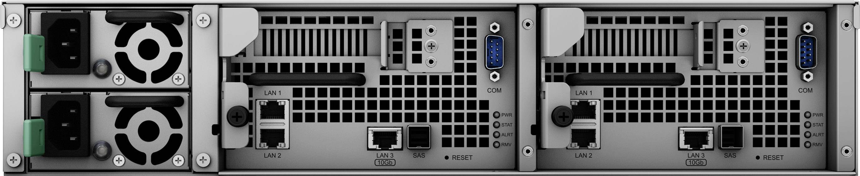 Die Rückseite eines Servers mit zwei Netzteilen, Lüftern und mehreren Kommunikationsports, darunter LAN- und COM-Anschlüsse.