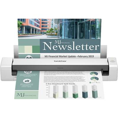 Tragbarer Scanner scannt zwei Finanzdokumente. Eines zeigt den Titel 'MJ Financial Market Update – February 2019', das andere Diagramme zur Renditeentwicklung.