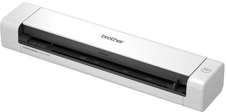Tragbarer Scanner, kompakt und weiß, mit schmalem Einzugsschlitz und Markenlogo oben. Geeignet für mobiles Dokumentenscannen.