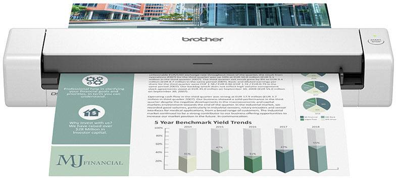 Ein Scanner scannt ein Dokument mit Diagramm über '5 Year Benchmark Yield Trends' und Text zu professioneller Finanzierung bei MJ Financial.