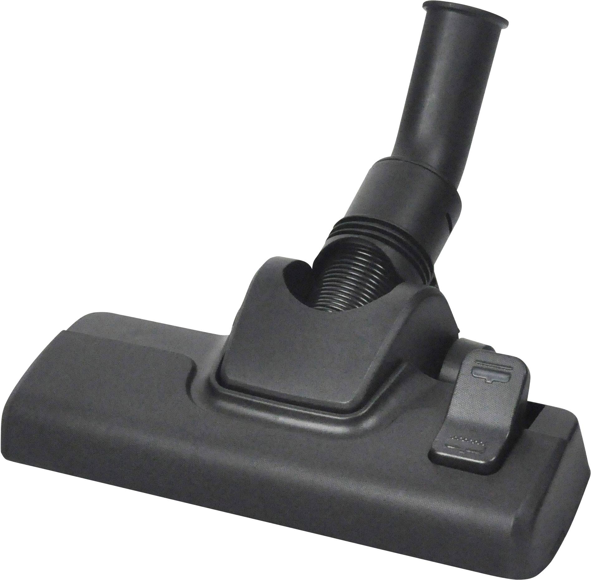 Ein schwarzer Staubsaugeraufsatz mit einem Rohrstutzen und einer umschaltbaren Bürste für Teppich- und Hartböden.
