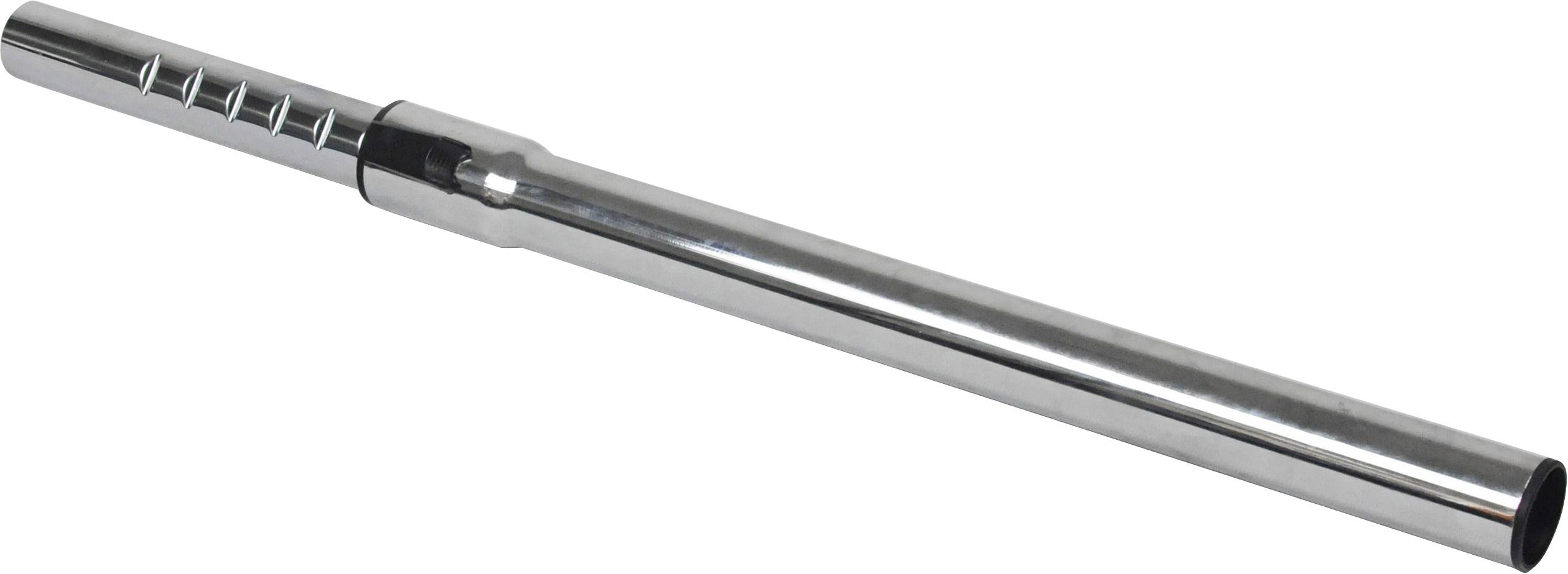 Ein silbernes, längliches Metallrohr mit einem geriffelten Ende, das möglicherweise Teil eines Reinigungsgeräts oder ähnlicher Ausrüstung ist.