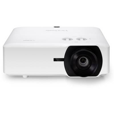 Ein weißer Projektor mit einem großen Objektiv auf der rechten Seite und Bedienknöpfen oben, geeignet für Präsentationen und Filme.