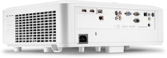 Rückansicht eines weißen Projektors mit mehreren Anschlüssen, einschließlich HDMI, USB und VGA.